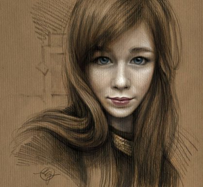 Porträt eines Mädchens mit langen braunen Haaren und blauen Augen auf braunem Hintergrund.