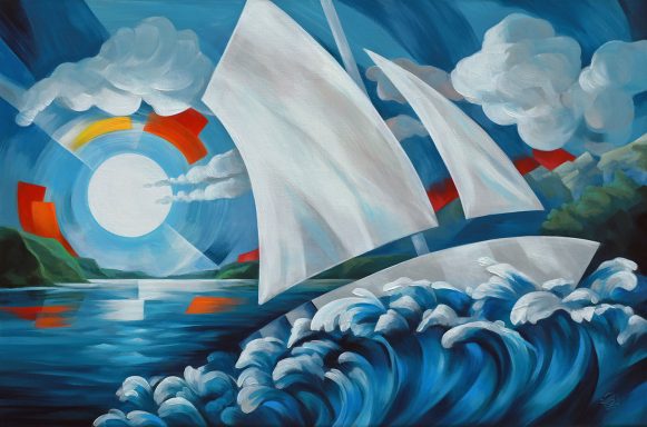 Segelboote auf dem Wasser vor einer stilisierten, farbenfrohen Landschaft. Segelboot, sailboat, sailing 