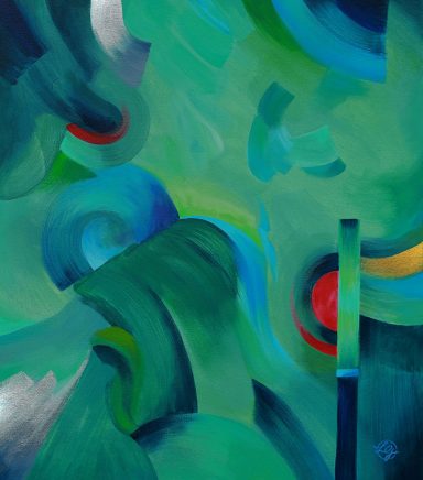 Abstrakte Komposition mit kühlen grünen und blauen Tönen sowie lebhaften Farbakzenten. Kühler Frühling
