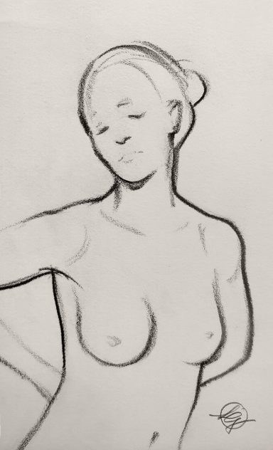 Skizze einer stehenden, weiblichen Figur in einer natürlichen Pose.