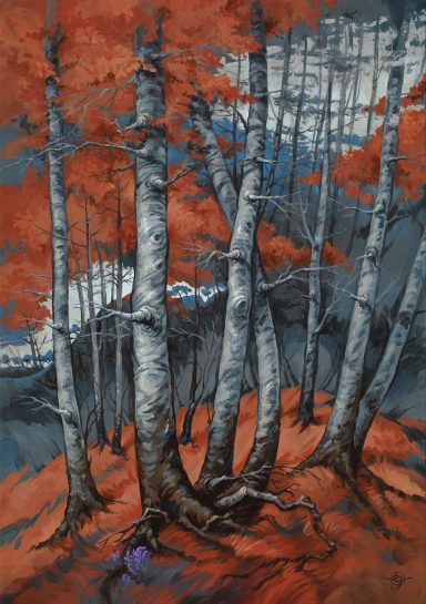 Herbstliche Landschaft mit silbernen Pappeln und leuchtenem Laub in warmen Rot- und Brauntönen. Silver poplars
