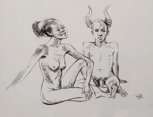 Zwei figurative Skizzen: eine weibliche und eine männliche Gestalt, mit originellen Merkmalen.