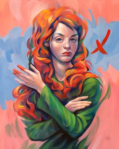 Porträt einer Frau mit roten, lockigen Haaren in einem grünen Oberteil, vor einem bunten Hintergrund, Red Cross, Portrait, painting, represe
