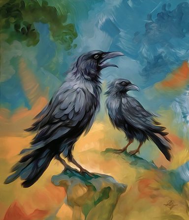 Zwei schwarze Raben stehen auf einem Felsen vor einem bunten, abstrakten gelben und blauen Hintergrund. raven, ravens