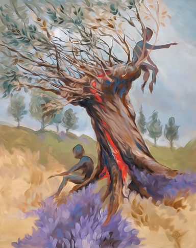 Zwei Figuren unter einem großen blutig gespaltenen Baum, eine sitzt gebeugt am Boden, die andere oben im Baum und zeigt in die Ferne