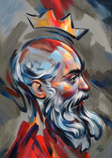 Porträt eines alten Mannes im Profil  mit langem weißen Bart und Krone, in lebendigen Farben; Georgius Barbatus 