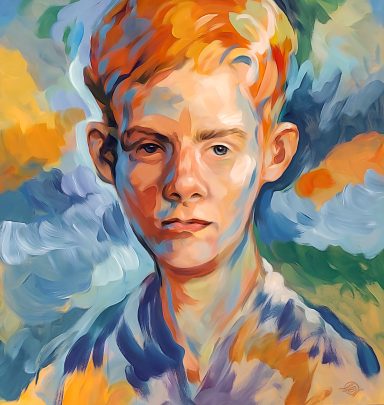 Porträt eines Jungen (jungen Mannes)  mit rotem Haar und farbenfrohem, impressionistischem Hintergrund.