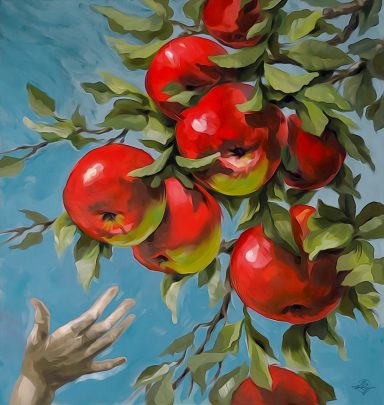 Rote Äpfel hängen an einem Ast, während eine Hand danach greift. apple, appletree