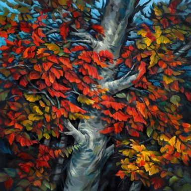 schräger silbriger Baumstamm mit rot-orangefarbenen Blättern im herbstlichen Laubwald, tastbar dicker Farbauftrag. Autumn leafs 