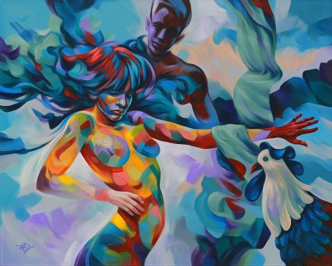 Bunte, abstrakte Darstellung einer weiblichen Figur mit einem männlichen Schatten und einem Hahn. Pygmalion Akt Frau women painting 
