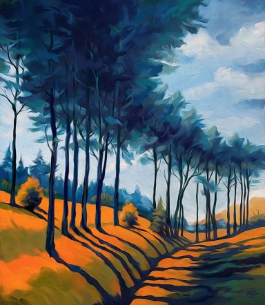 Gelb orange Landschaft mit einer blaugrünen perspektivisch dargestellten Baumreihe mit langen Schatten über einen Weg, Golden Way