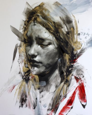 neo-expressionistisches Porträt eines Mädchens in Gold- und Grautönen und lebendigen Farbtupfern