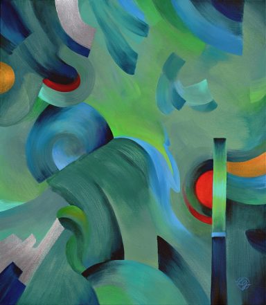 Abstrakte Kunst mit geschwungenen Formen und lebendigen grünen, blauen und roten Farbtönen.