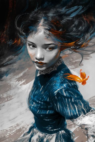 asiatisches Mädchen mit blauem Kleid umschwirrt von orangefarbenem Schmetterling, melancholischer Blick, Myanmar, Thu Nandar Zin, Lutz Gaede