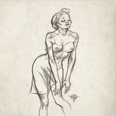 Stilisierte Skizze einer femininen Figur in einem schlichten Kleid.