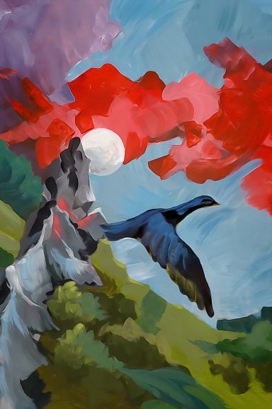 Ein blauer Vogel fliegt vor einer farbenfrohen, abstrakten Landschaft mit Sonne. Dawn
