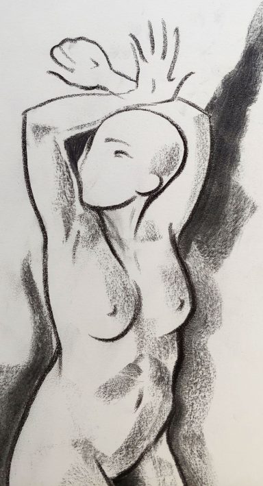 Künstlerische Skizze einer nackten, posehaltenden Figur mit erhobenen Armen.