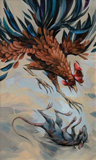 Ein kämpfender Hahn greift eine Ratte an, umgeben von bunten, abstrakten Hintergründen. Kämpfer Hahn Ratte Fighter Rooster Cock Rat 