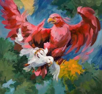 Ein roter Adler mit ausgebreiteten Flügeln fängt eine weiße Taube in der Luft. Adler, Taube, Frieden, Friedenstaube, eagle, dove, peace