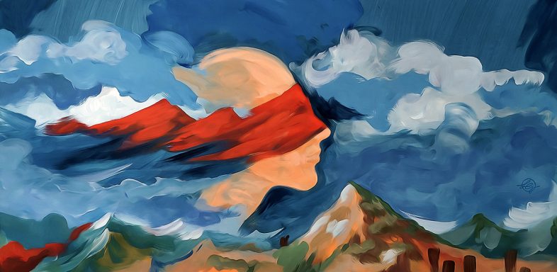 Kopf im Profil mit roter Augenbinde vor Wolken und Bergen in lebhaften Farben. Learn to see