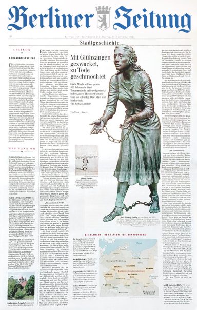 Zeitungsseite der Berliner Zeitung mit einer Statue einer Frau und Text daneben.