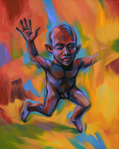 abstrakter Hintergrund mit stilisierter, laufender menschlicher Figur, expressionistisch; ein Arm ist erhoben, der andere fehlt; Defector