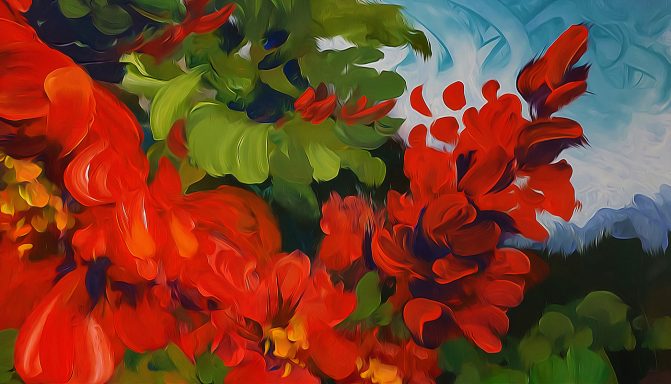 Schöne rote Blumen mit grünem Blattwerk und blauem Hintergrund.