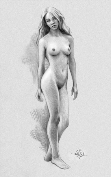 Aktzeichnung einer stehenden weiblichen Figur mit langen Haaren und natürlicher Pose.
