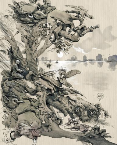 Fantastische, surrealistische Landschaft mit Fabeltieren und menschlichen Figuren in harmonischer Komposition.