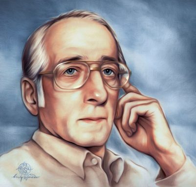 realistisches detailreiches Porträt eines älteren Mannes mit Brille, nachdenklicher Ausdruck und graublauem Hintergrund (wie Augenfarbe)