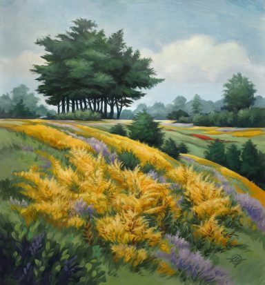 Bunte Blumenwiese mit gelben und lila Blüten, im Hintergrund Bäume und sanfte Hügel. landscape, nature, painting, broom, summer, asylum