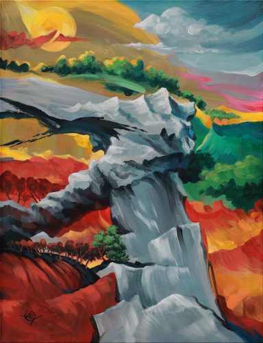 Bunte Landschaft mit einem felsigen Vorsprung, umgeben von Bäumen und farbigen Himmel.