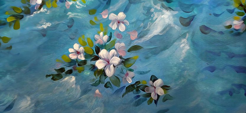 weiße und rosa Blumen schwimmen in blauem, welligen Wasser (Meer), Seebestattung (Detail II), sea burial
