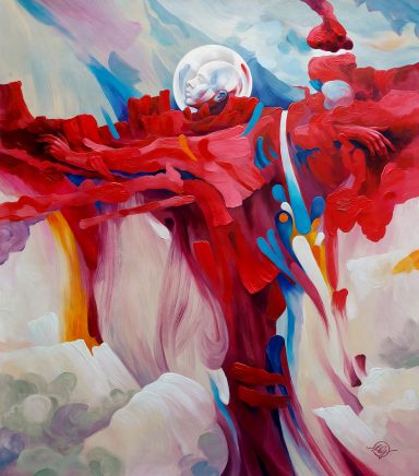 Abstrakte Landschaft mit leuchtenden roten und blauen Elementen sowie einem Kopf in einer schimmernden Kugel. faith, abstract art, artsy