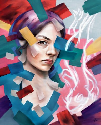 Porträt einer Frau mit bunten, geometrischen Formen und einem angedeuteten Chamäleon im Hintergrund