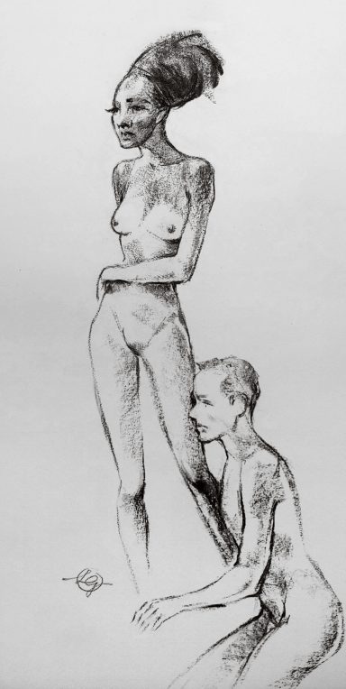 Zwei stilisierte, nackte Figuren in einer künstlerischen Darstellung.