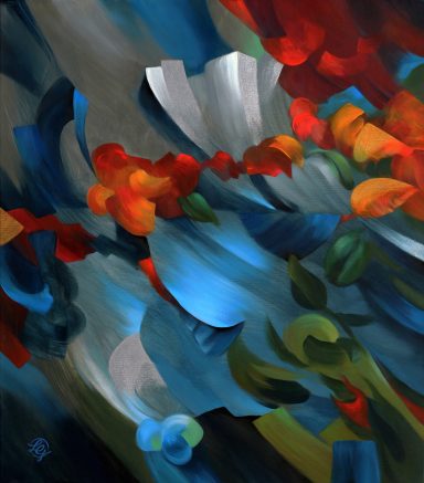 Abstrakte Komposition mit dynamischen Farben und organischen Formen, die Blumen darstellen.