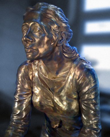 Bronze Statue einer Frau mit nach hinten gebundenem Haar und realistischer Darstellung.