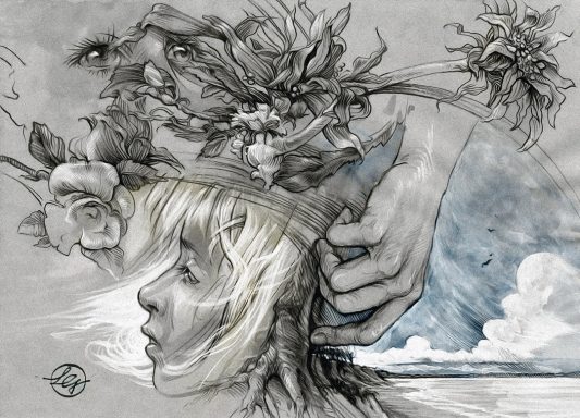 fantasievolles Mädchen-Porträt mit Blumen, einer Hand, Himmel und Meeresufer im Hintergrund.