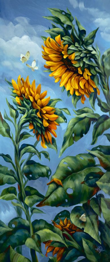 Zwei Sonnenblumen schauen sich an, eine dritte verblüht; zwei Schmetterlinge tanzen, ein dritter stirbt; Summer affairs