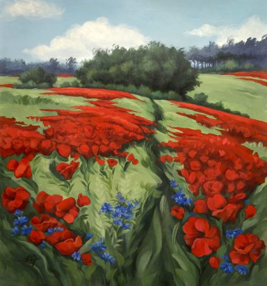 Rotblühende Mohnfelder mit vereinzelten blauen Blumen und einem grünen Hintergrund, landscape, poppy field, poppies, cornflowers, asylum