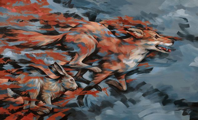 Ein Fuchs jagt gemeinsam mit einem Hasen durch eine dynamische, Landschaft. Rural exodus 