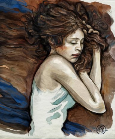 Schlafende junge Frau mit langen, fließenden Haaren und entspannter Haltung. Braun, Blau und Weiß