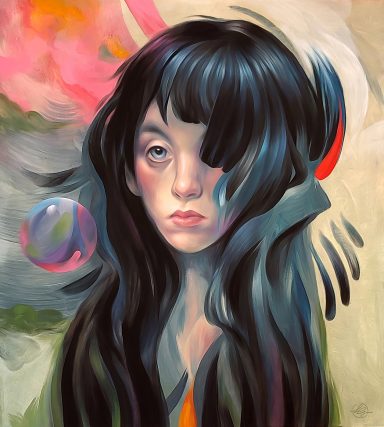 Porträt eines Mädchens mit langen schwarzen Haaren und buntem Hintergrund, sleepless, Portrait, painting, representational, contemporary art