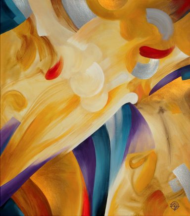 Abstrakte Malerei in lebhaften Gelb- und Lilatönen mit geschwungenen Formen.