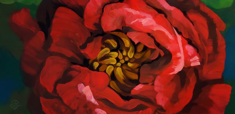 Rote Wildrose mit intensiven Farben und gelben Blütenmitte vor grünem Hintergrund.