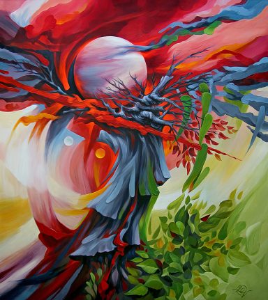 Abstrakte Landschaft mit leuchtenden Farben, planetarischen Elementen und dynamischen baumartigen Formen. Hope, abstract art