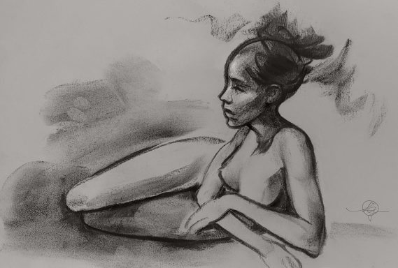 Studie einer sitzenden nackten Frau in einem expressiven, skizzierten Stil.