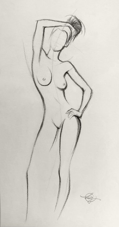 Aktzeichnung einer schlanken, stilisierten Figur in entspannter Pose.