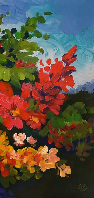 Bunte Blumen in lebhaften Farben vor einem blau-grünen Hintergrund.